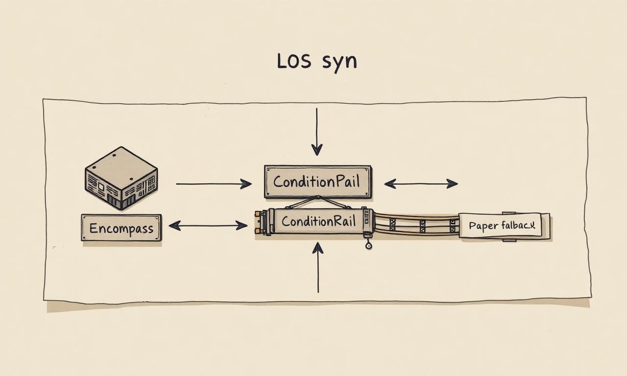 Editorial illustration of a loan file syncing between systems of record
